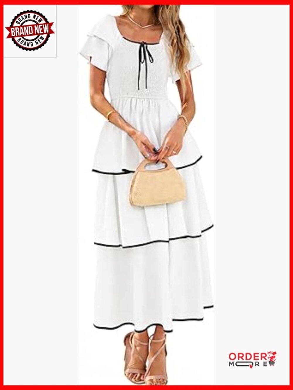 Smocked Tiered Midi Dress Flowy Boho Square Neck Short Sleeve Wedding Guest
